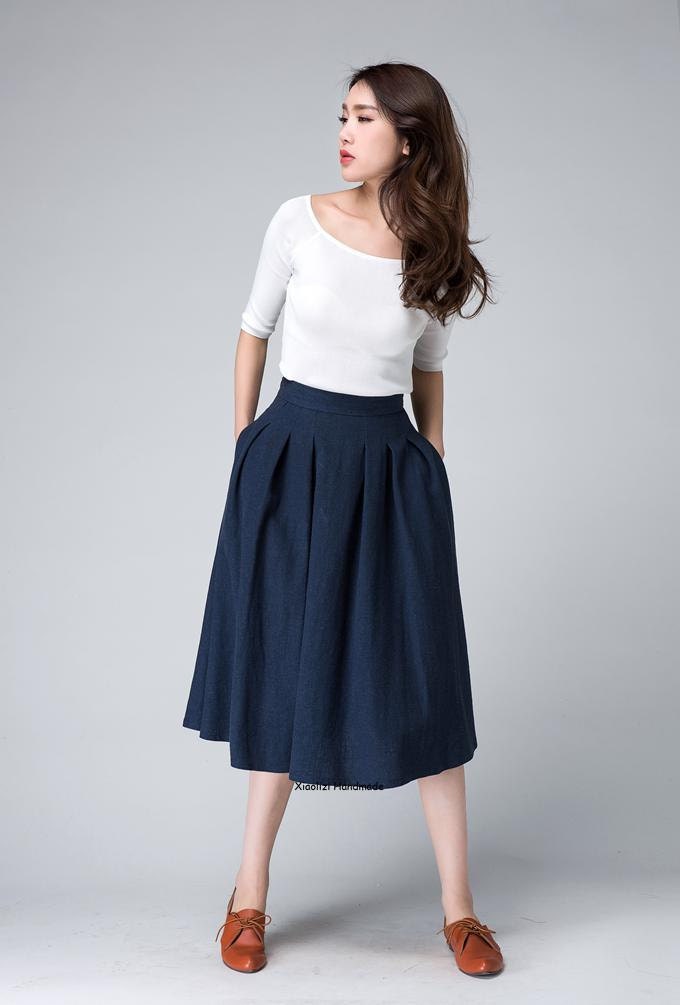 high waist skirt midi skirt knee length skirt dark blue