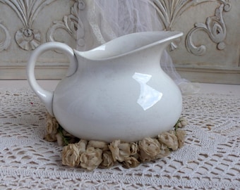 Antique french white ironstone pitcher. White washing pitcher. Tea stain white pitcher Jeanne d'Arc living French nordic decor. Shabby white