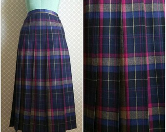 Vintage Plaid Wool Skirt by Tica - High Waisted and Fitted Preppy Skirt - Bright Pleated Skirt - Size XS/S