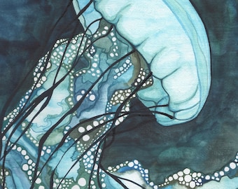 Aqua Sea Nettle JELLYFISH 5 x 7 print of detailed watercolour artwork, marine sea beach decor ocean water nautical whimsical magic tentacles