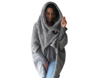 Gray Boucle & Wool Hand Knitted Poncho