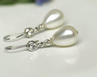 White Teardrop Pearl Earrings | Freshwater Pearls | CZ Bezel Sterling Silver Dangles | Birthday | Wedding | Mother's Day Gift Ready to Ship