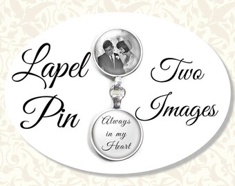 Custom Lapel Pin With Two Charms, Wedding Memory Pin, Groom Memento, Family Memorial Pin, Custom Photo Pin, Quote Pin, Choice of Finish
