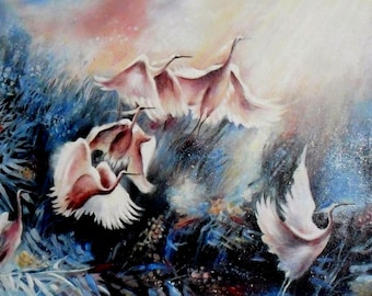 Oil Painting on Canvas Abstract Birds Egret Heron Original Handmade Wall Decoration