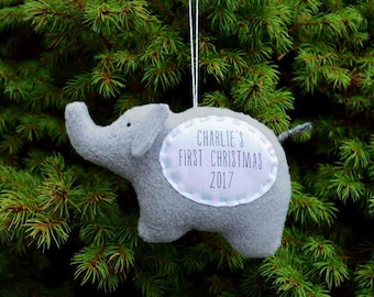 Baby's First Christmas Personalized Ornament, Personalized Christmas Ornament, Custom Ornament - Gray Elephant