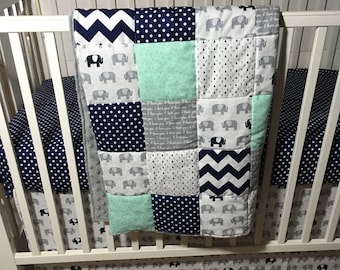 Elephant Baby Quilt, Patchwork Baby Boy Quilt, Safari Baby Quilt, Minky Baby Quilt, Safari Crib Bedding, Mint Baby Blanket, Navy Baby Quilt
