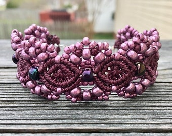 SALE Micro-Macrame Beaded Cuff Bracelet - Eggplant