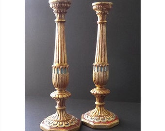 Pair of Tall Gesso and Painted Candlesticks