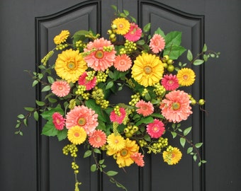 Spring Wreaths, Spring Wreath for Front Door, Gerber Daisy Wreath, Yellow Daisy Wreath, Wreaths for Spring, Spring Door Wreaths, Wreaths