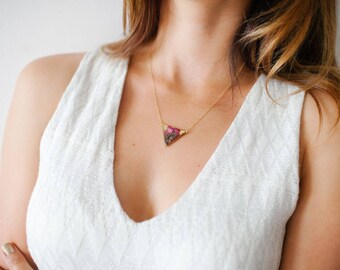 Pink Coral Bells Jewelry Pressed Flower Necklace Pressed Flower Jewelry Botanical Jewelry 14k Gold Fill Triangle Necklace Mothers Day Gift