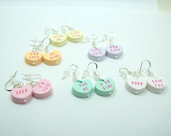 Conversation Heart Valentine Dangle Earrings - You Pick Color and Sayings