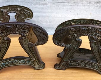 Antique Art Nouveau Judd 9759 Twin Maidens Bronze Book Rack & Letter Holder c. 1920 **FREE SHIP**