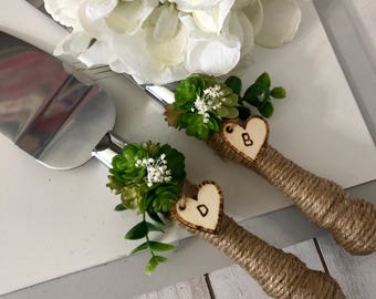 Succulent Wedding Cake Knife & Server Set,Wedding Decoration,Rustic Wedding Cake Cutting Set,Wedding Accessory,Barn,Beach,Outdoor Wedding