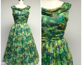 Vintage 1950s Dress • Springtime Joy • Green Watercolor Chiffon 50s Party Dress Size Small