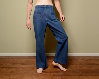 vintage 70s women's bellbottom jeans Navy sailor wide leg flare front pocket 1970 hippie boho pants US Navy issue uniform 20L 32x30 32