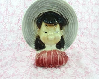 Vintage Royal Copley Asian Girl Head Vase Wall Pocket Planter Headvase