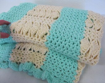 Crochet Afghan Granny Throw Wool Afghan Aqua Afghan 1970's Afghan Throw