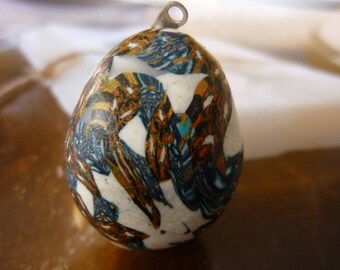 POLYMER CLAY PENDANT NECKLACE BLUE BROWN WHITE PEBBLE