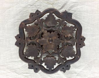Vintage 1970 Ornate Trivet, Hand Carved, Sheesham Wood, Made in India