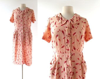 1950s Vintage Dress | Plume Rouge | Feather Print Dress | 50s Dress | Large L