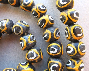 6 pieces Black Yellow Glass Krobo Beads, Destash, African Ghana Beads, 11x9mm