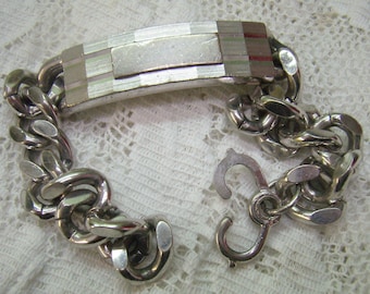 SWANK Vintage brossé bracelet argent lien d’identité... Grosse Gourmette pour homme... Engraveable plaque... CIRCA 1950s 1950s