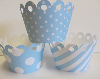 Cupcake wrappers, Light Blue and White Set of 12
