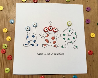 Aliens Birthday Card - Martians Birthday Card - Outer Space Birthday Card - with Button Eyes - Handmade Greeting Card, Funny Birthday Card