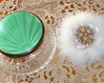 Vintage Guilloche Cut Glass Powder Bowl With Down Powder Puff Made In England Shabby Chic
