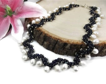 Something Blue Wedding Necklace - Beaded Freshwater Pearl Bridal Necklace - Beaded Blue Bridal Necklace - Beadwoven Necklace