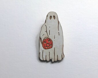 Sheet Ghost Trick-or-Treater with Jack O'Lantern Lapel Pin // Hand Painted // Lasercut // Reclaimed Wood