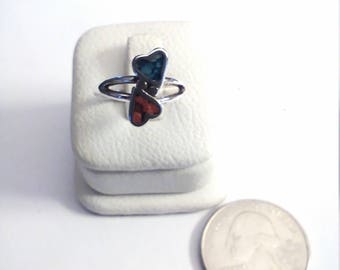 Vintage Sterling Silver Turquoise/ Coral Inlaid 2 Heart Ring, Size 4 3/4