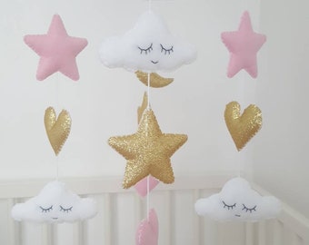star mobile, cloud heart star mobile, baby girl mobile, glitter mobile, nursery mobile, baby girl mobile, baby mobile, baby crib mobile