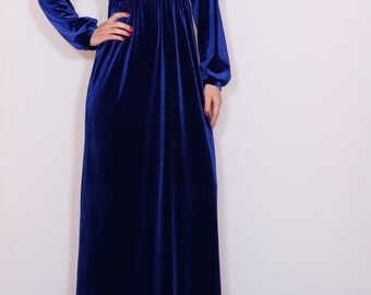 Blue velvet maxi dress Long sleeve dress Empire waist dress Maternity clothing