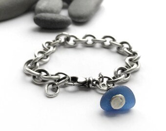 Cornflower Blue Seaglass Beach Glass Sterling Silver Vintage Recycled Tiffany Style Heavy Chain Bracelet Adjustable