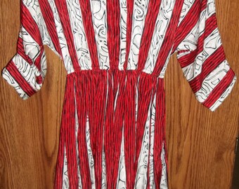 Dress, Shirtwaist By Top Act Sz 8 Red White Career Dress, Dolman 3/4 Sleeves, 100% Polyester Dressy Woman's Dress, Fall Dress
