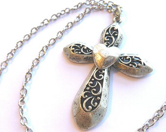 Silvertone HEART LOVE Cross, Vintage Openwork Filigree Cross with Center Heart, Love Silvertone Cross & Neck Chain, Silver Cross Necklce
