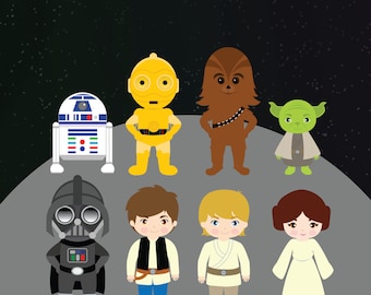 StarWars - Clipart, Printable, Instant download, 300dpi, PNG files, starters, han solo, chewbacca, c3po, r2d2, luke, leia, darth vader
