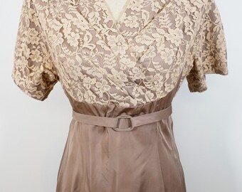 50s Light Camel Brown Taffeta Beige Lace Large Size Short Sleeve Formal Dress Coronette Frocks