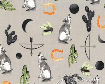 Coyote Fabric, 1 Yard, Southwestern, Hoffman California, Cactus, Coyote, Arrow, Moon, Horse Shoe, Howl at the Moon, Moon Phases, Wolf Song