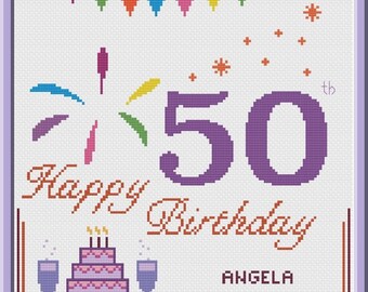 50th Birthday Cross Stitch Pattern Customizable PDF Chart Personalized Happy Birthday Card