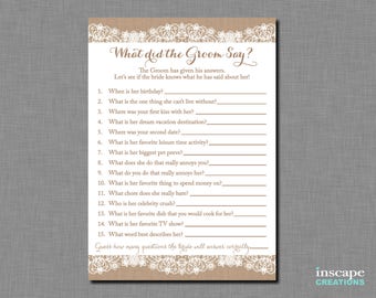 Burlap & Lace - What did the Groom Say about his Bride? What did He Say about Her? Who Knows Groom Best? Newlyweds Game, Bridal Shower Game
