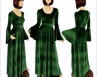 Green Stretch Velvet Renaissance "Fiona" Gown with Gypsy Sleeves and Scoop Neckline. Made To Order - 154782