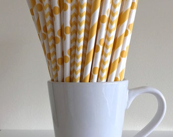 Yellow Paper Straws Golden Yellow Striped, Chevron, Polka Dot Party Supplies Party Decor Bar Cart Cake Pop Sticks Graduation
