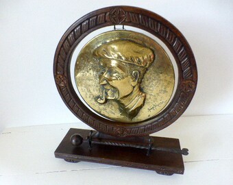 Large, Vintage French, Wood & Brass Dinner Gong