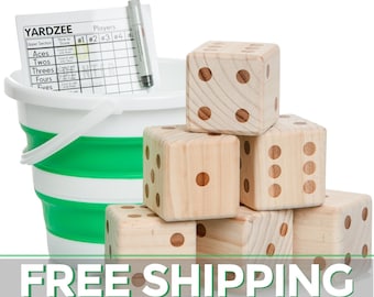Yardzee & Yardkle Giant Yard Dice Set (6 Dice) with Collapsible Bucket, Laminated Score Cards, Dry Erase Marker | Backyard Outdoor Lawn Game