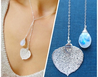 Moonstone necklace, June birthstone, real leaf necklace, lariat necklace, y necklace, silver dipped leaf, Otis b, semi precious gemstones