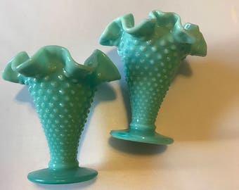 Aqua Fenton Hobnail Vase, Small Trumpet Vase 1950s Fenton Blue Milk Glass Vase Hobnail Fenton Fluted Vase