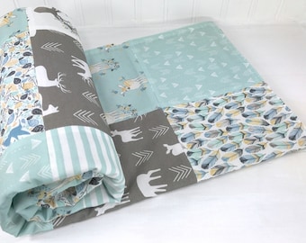 Woodland Baby Blanket, Woodland Nursery Decor, Woodland Baby Quilt, Minky Baby Blanket, Mint, Gray, Grey, Deer, Buck, Woodland, Baby Boy