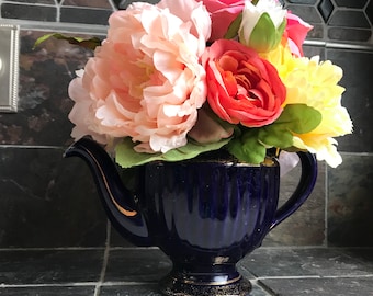 Floral Arrangement with Multi-Colored Silk Flowers in a Vintage Cobalt Blue Hall Teapot